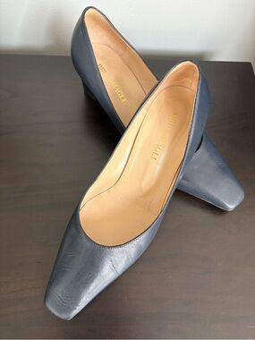 Bruno Magli Navy Leather Mid-Heel Pumps